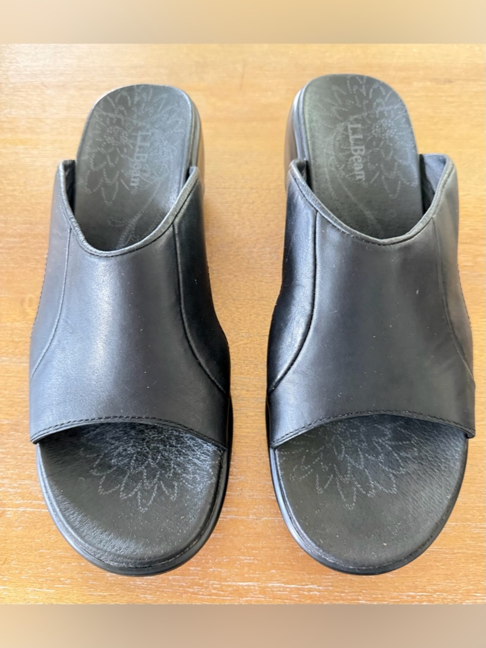L.L. Bean Women’s Black Leather Wedge Slide Sandals - Size 7 M